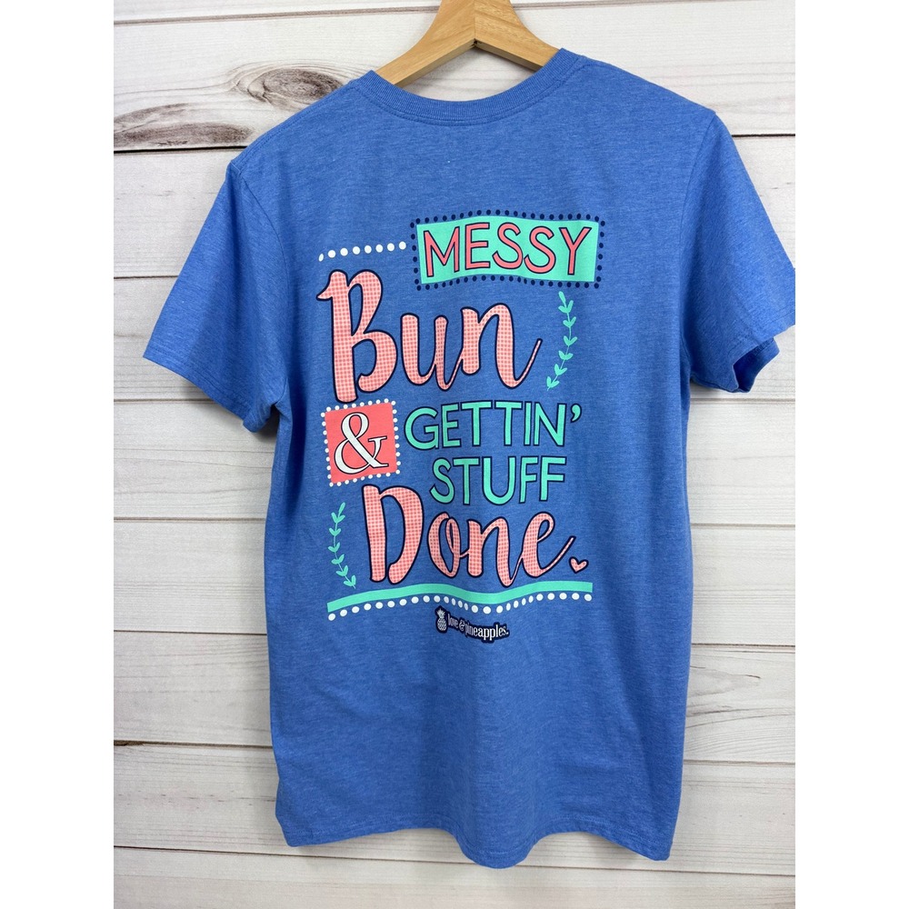 Love and‎ Pineapples Blue Graphic T Shirt Women's Size Medium Messy Bun